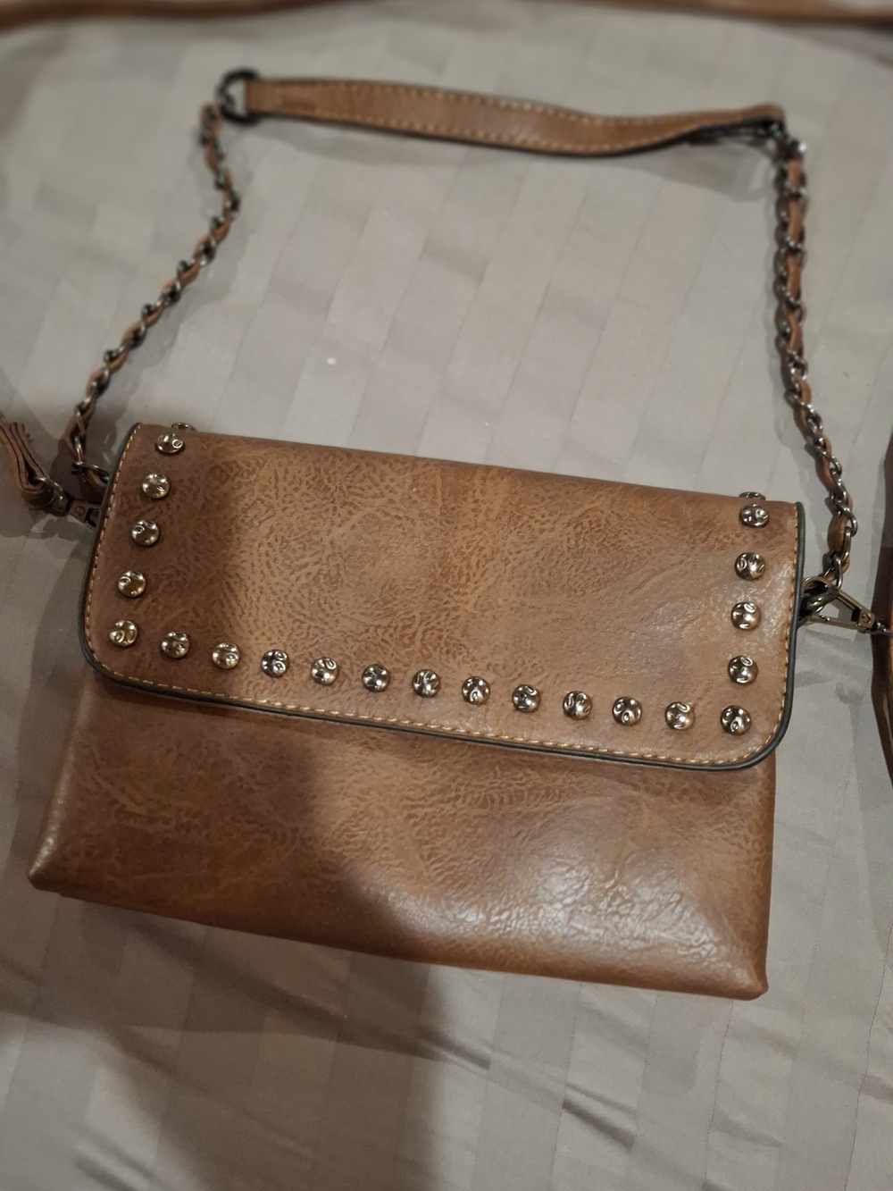 Tan Studded Chain-Strap Crossbody Bag